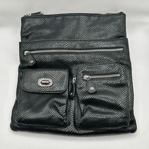 Vtg‎ Brighton Bag Purse Black Embossed Snake Skin Leather Shoulder Strap Charm